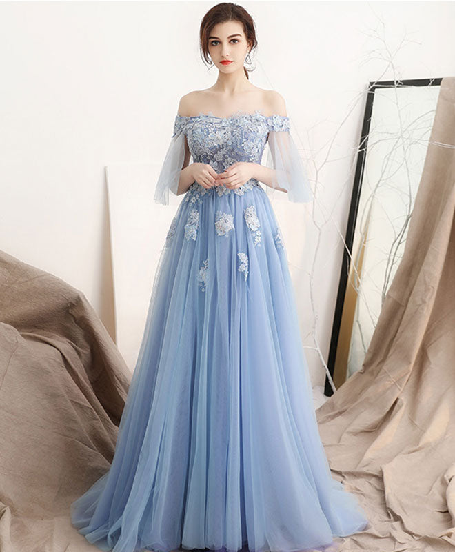 Unique blue off shoulder tulle long prom dress, blue evening dress ...