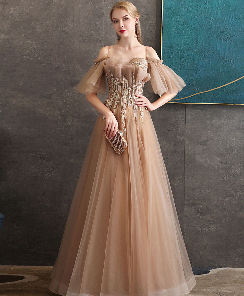 Beige OFF Shoulder Lace Tulle Long Evening Party Dress (02210114) - eDressit