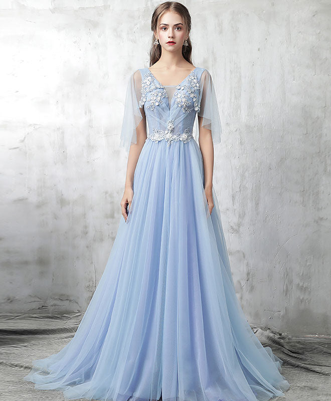 Blue V Neck Tulle Lace Applique Long Prom Dress, Blue Evening Dress ...