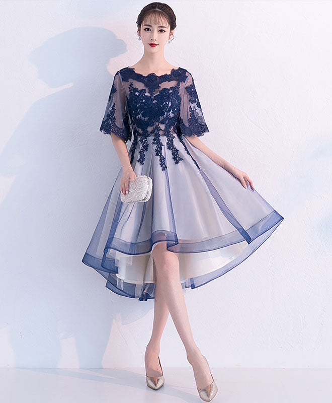 Blue lace tulle short prom dress, blue lace homecoming dress – shopluu