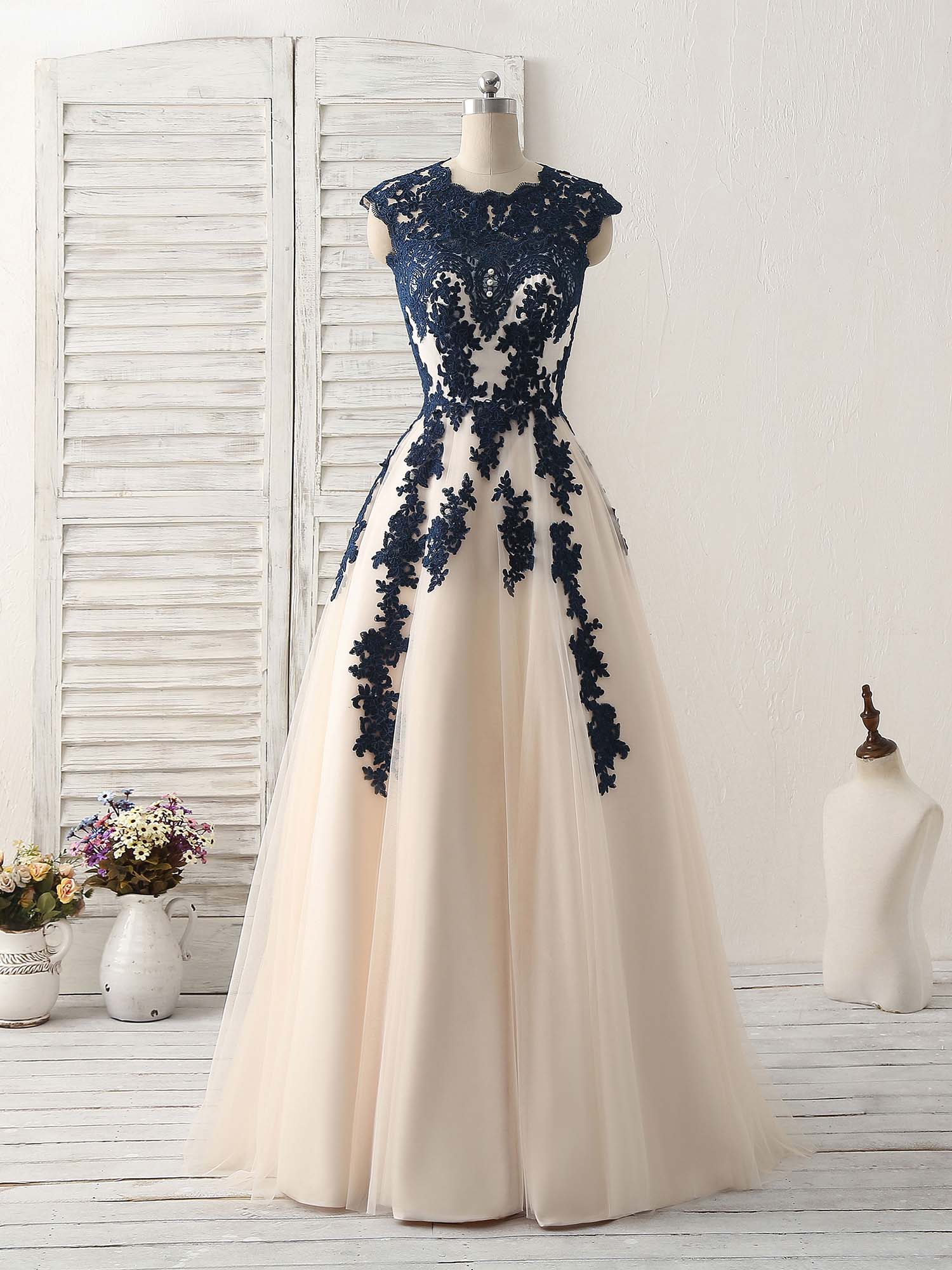 dark blue and white dress