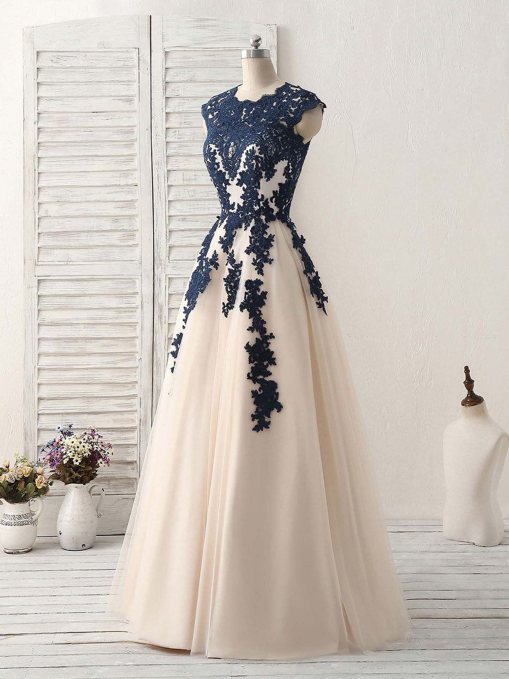 Dark Blue Lace Applique Tulle Long Prom Dress Blue Bridesmaid Dress 7940