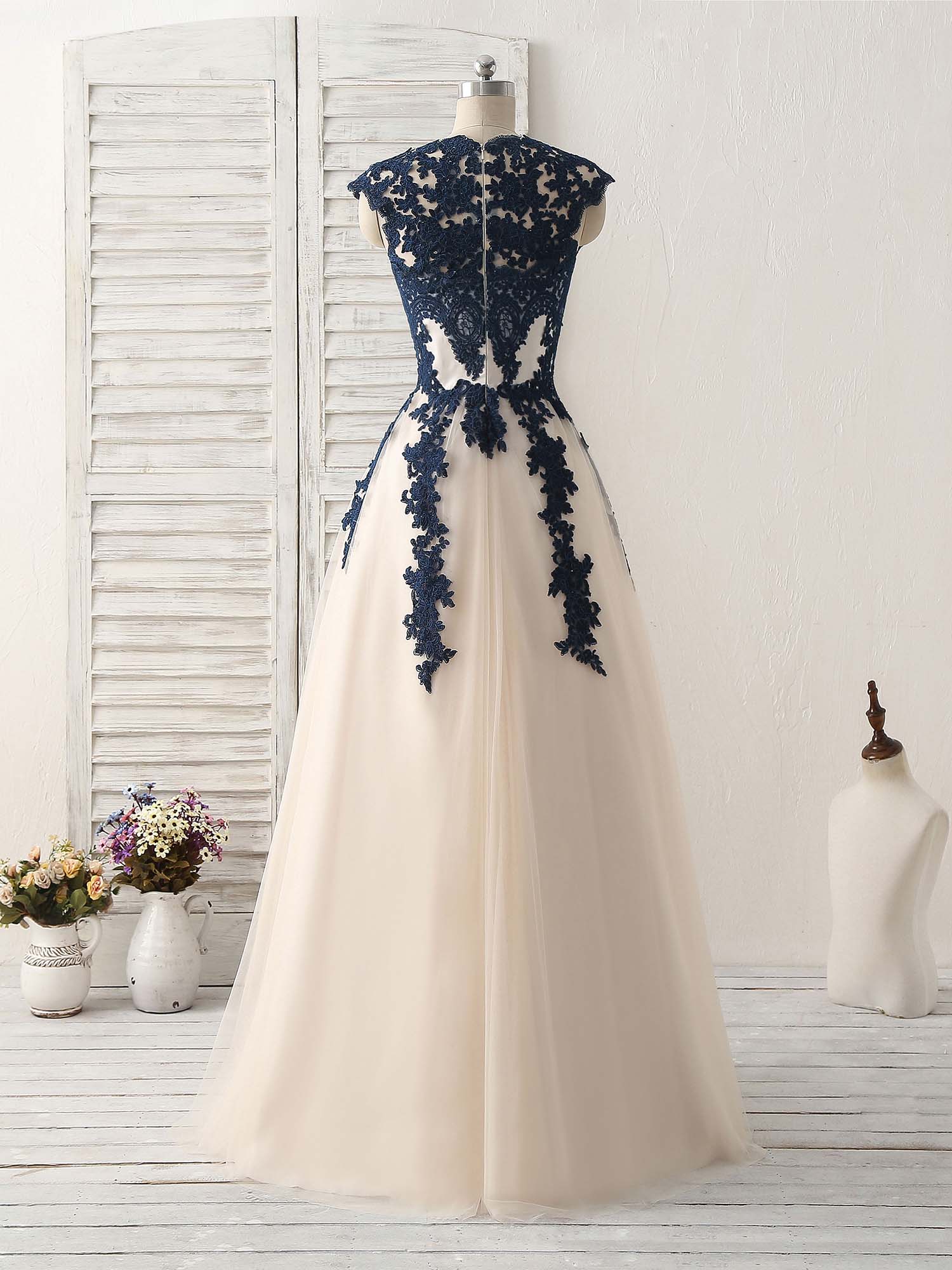Dark Blue Lace Applique Tulle Long Prom Dress Blue Bridesmaid Dress 3310