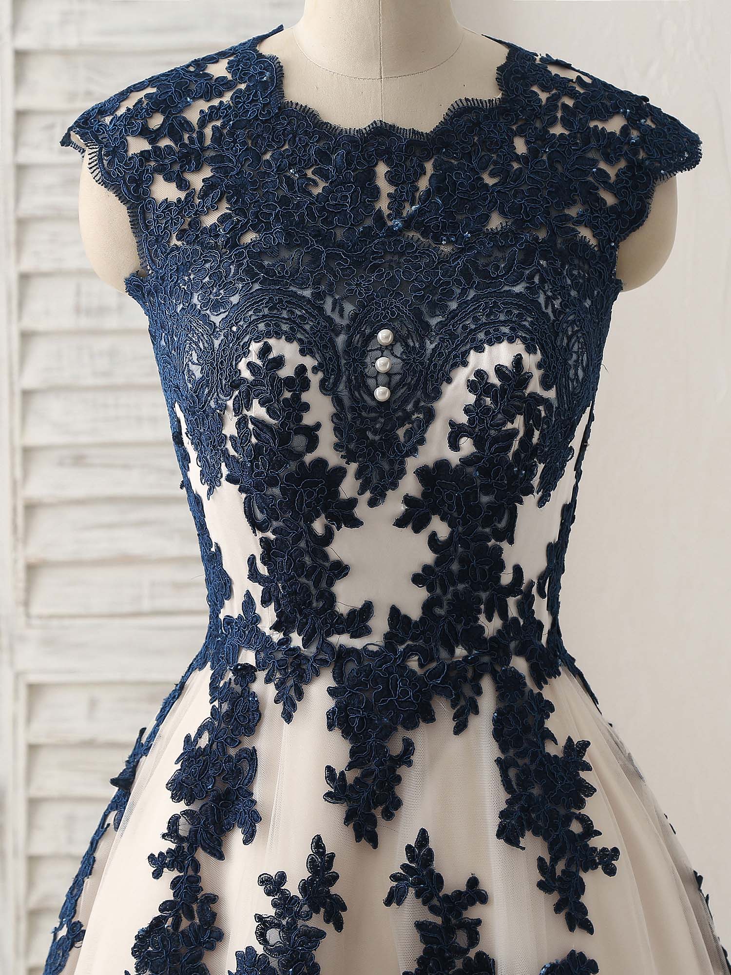 Dark Blue Lace Applique Tulle Long Prom Dress Blue Bridesmaid Dress 0905