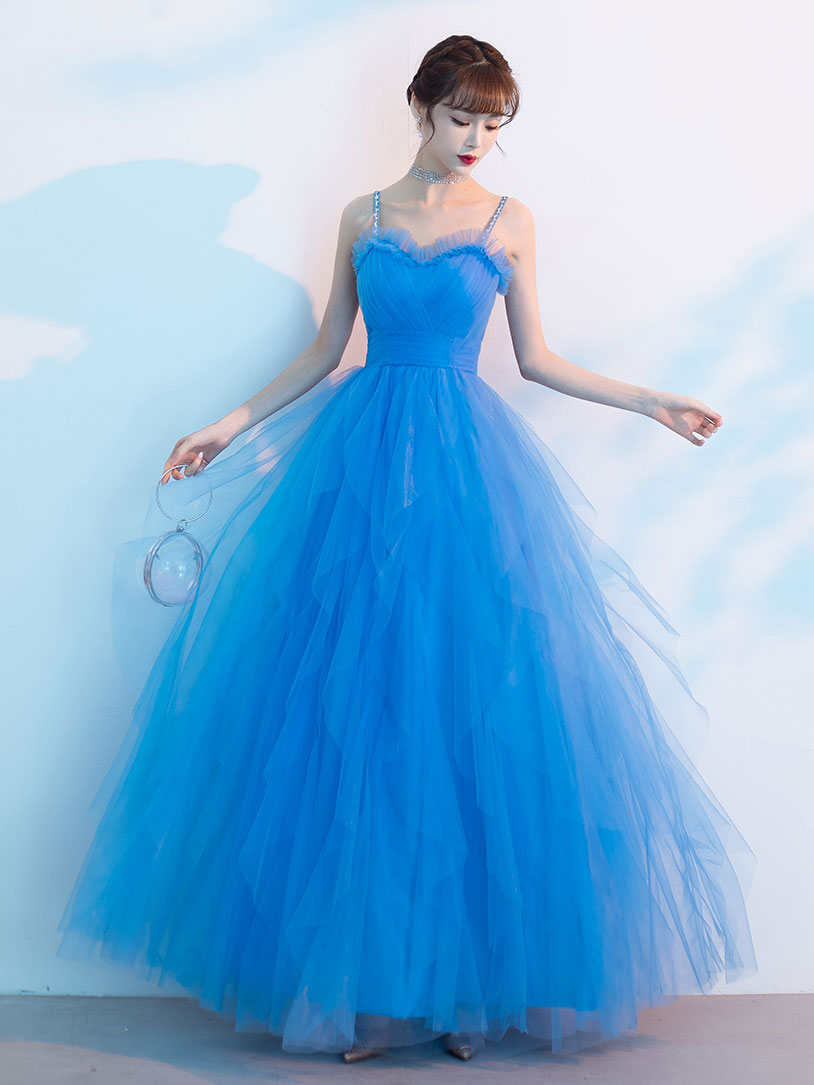 Blue Sweetheart Tulle 3D Flower Long Prom Dress, Blue Evening