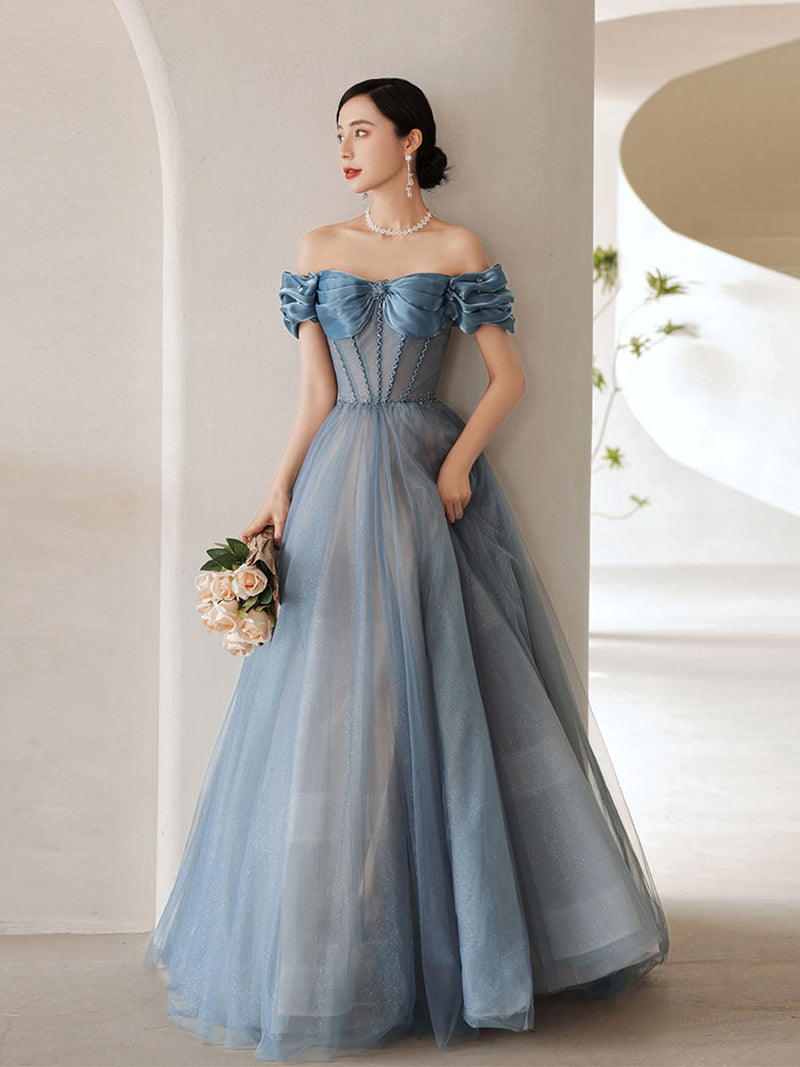 Blue Sweetheart Off Shoulder Tulle Long Prom Dress Blue Formal Dress ...