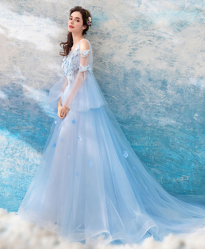 Blue Round Neck Tulle Lace Long Prom Dress, Blue Long Evening Dress ...