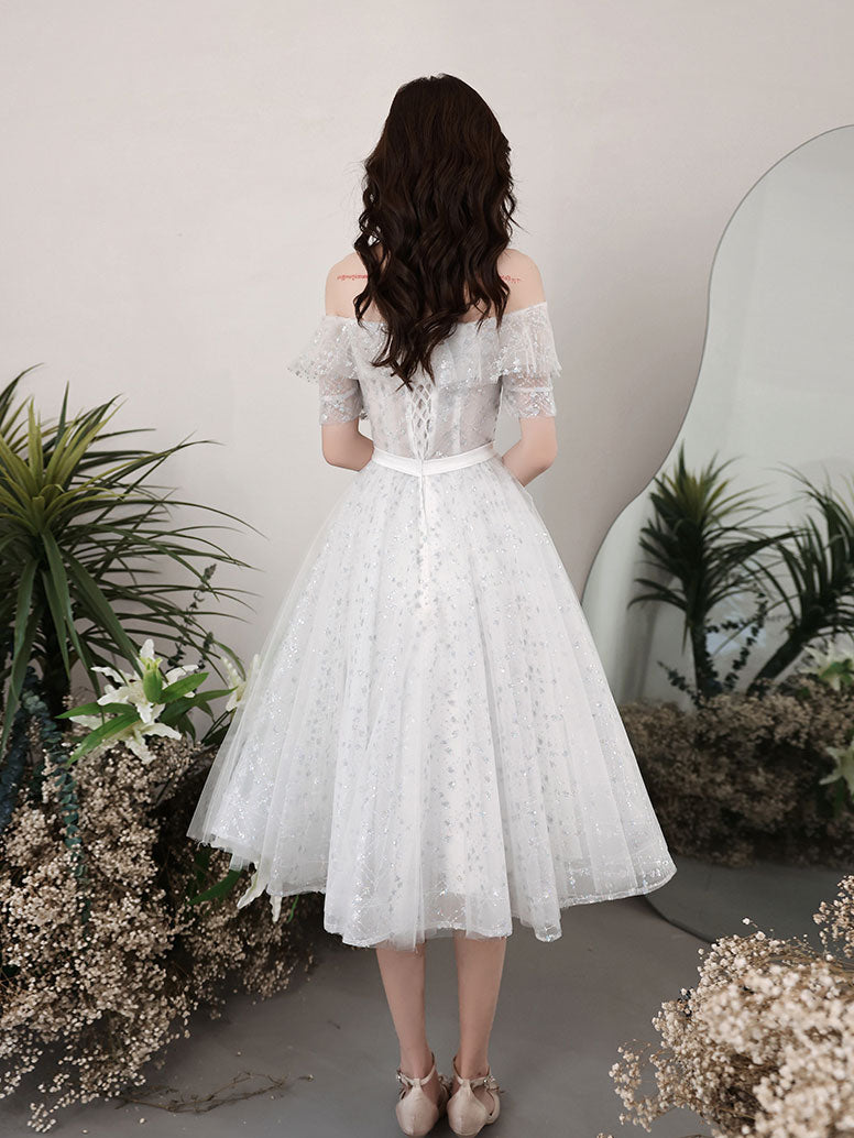 Gray white lace short prom dress white tulle lace cocktail dress