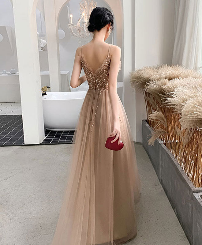 Elegant Champagne Gold Long Tulle Prom Dress With Beading - $131.9832  #MYS69064 