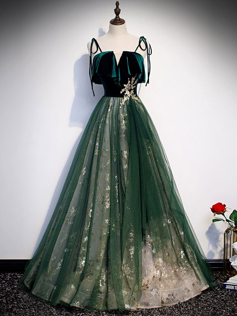 Dark Green Lace Tulle Long Prom Dresses, Dark Green Formal Graduation  Evening Dresses with Lace Appliques SP2366