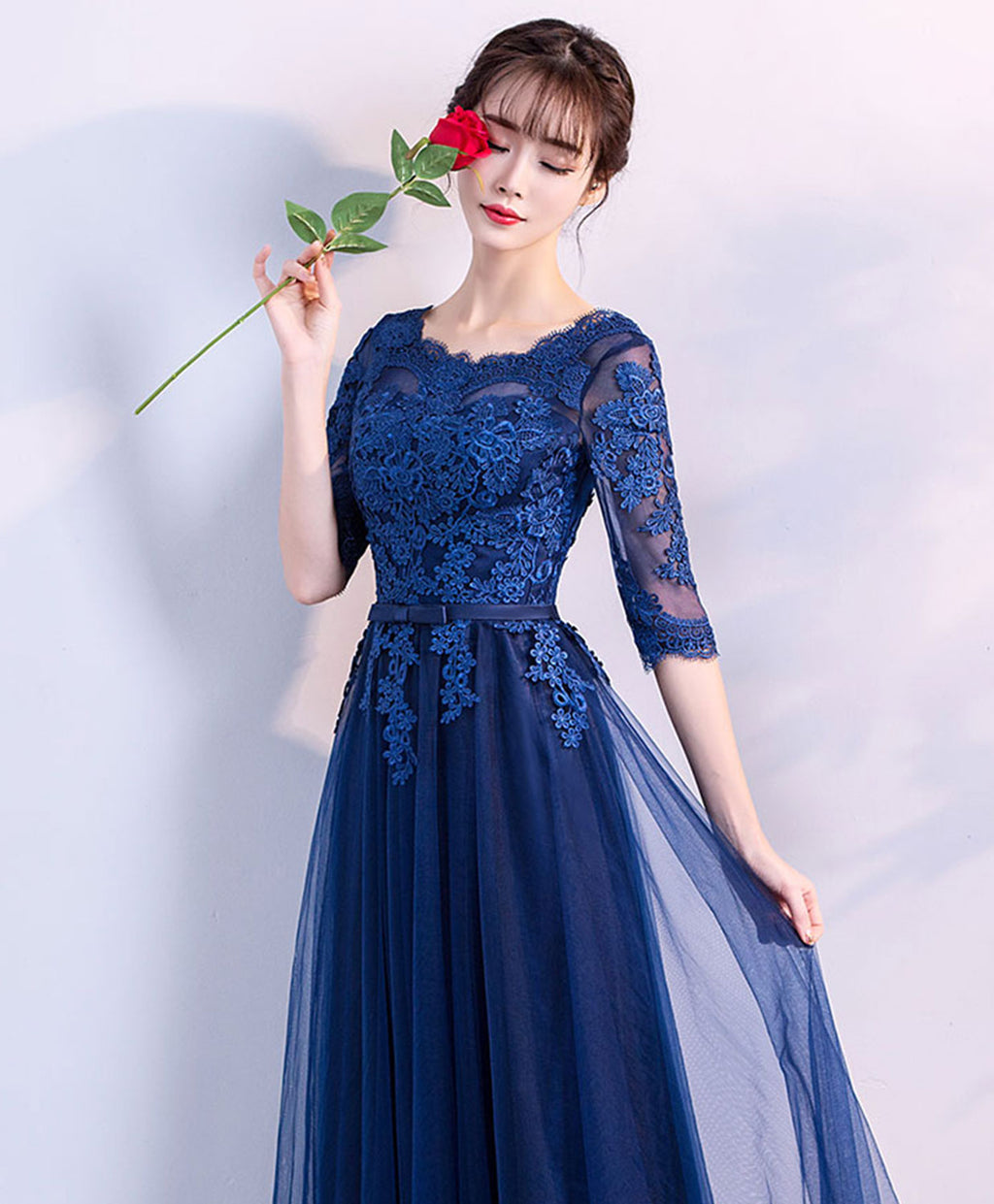 Sweetheart Neck Blue Lace Long Prom Dress, Blue Tulle Formal Dress, Bl –  abcprom