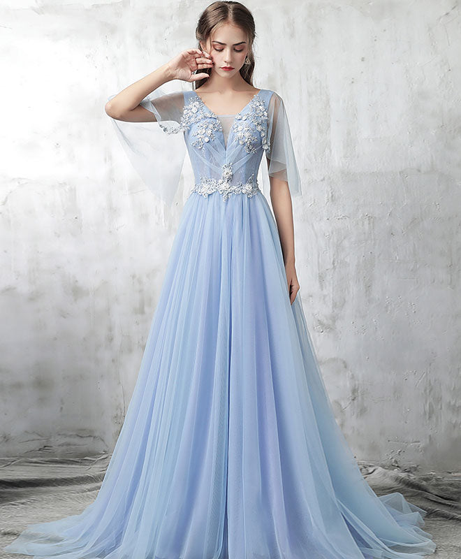 Blue V Neck Tulle Lace Applique Long Prom Dress, Blue Evening Dress ...