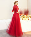 Red v neck satin long prom dress red tulle formal dress