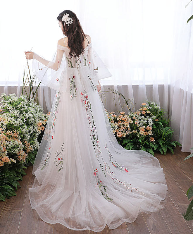 White V Neck Tulle Lace Applique Long Prom Dress, White Evening Dress ...