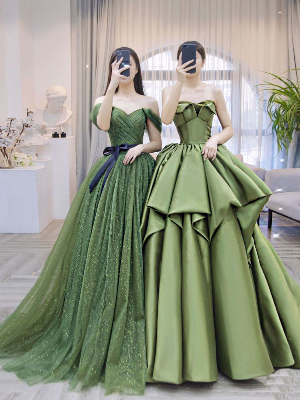 A-Line Off Shoulder Tulle Green Long Prom Dresses, Green Formal
