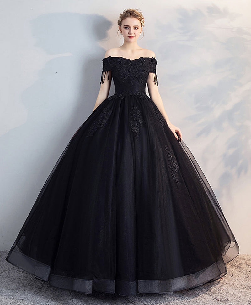 Black Off Shoulder Lace Tulle Long Prom Dress, Black Evening Dress ...