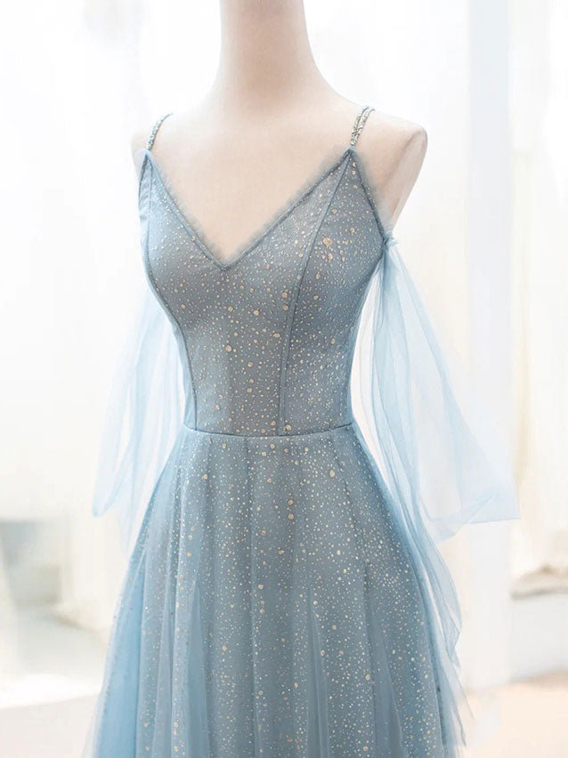 V Neck Shiny Sequins Blue Tulle Tea Length Prom Dress, Blue Tulle  Homecoming Dress, Short Blue Formal Evening Dress A1670