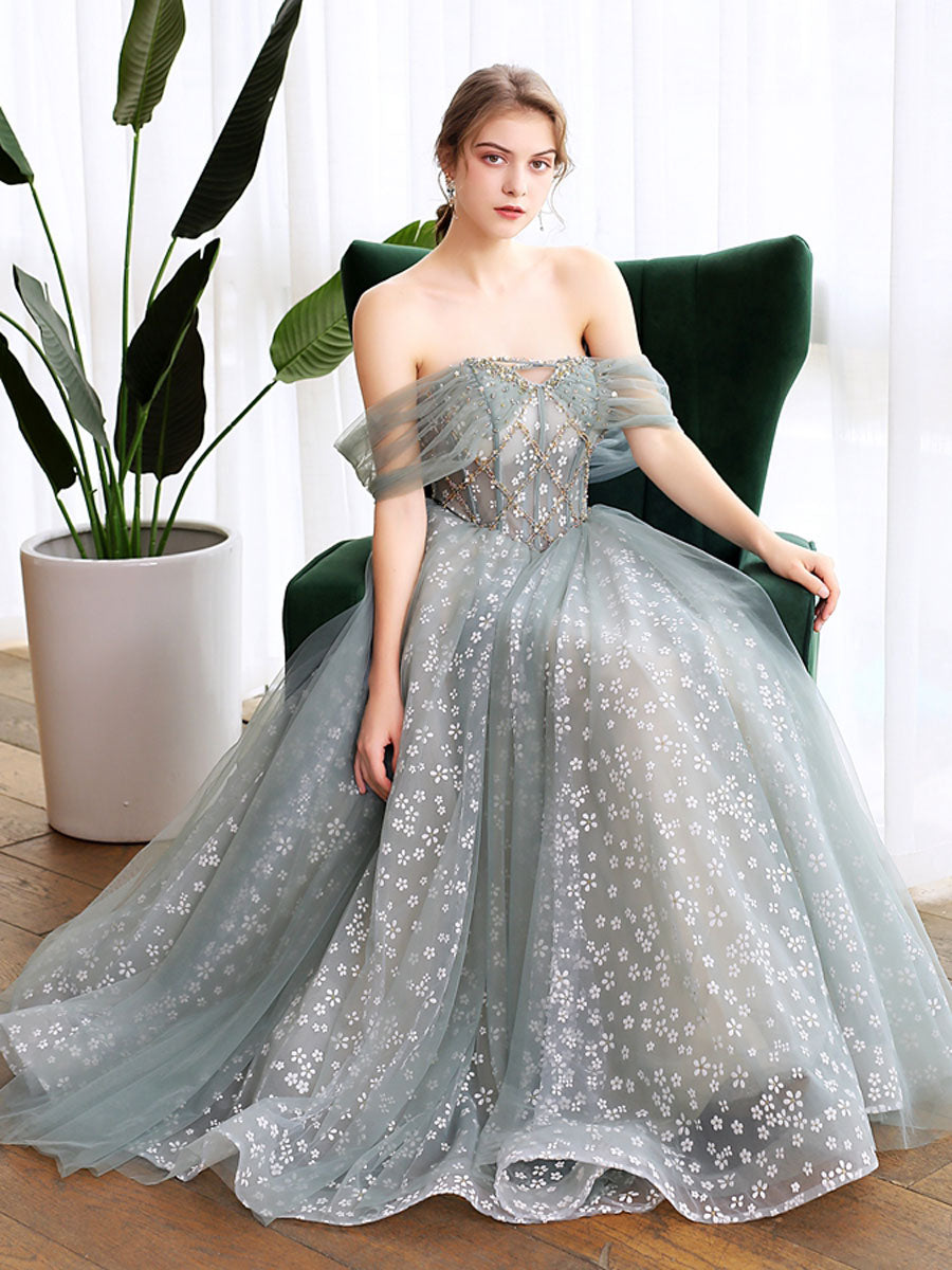 Gray blue tulle sequin long prom dress, gray blue tulle formal