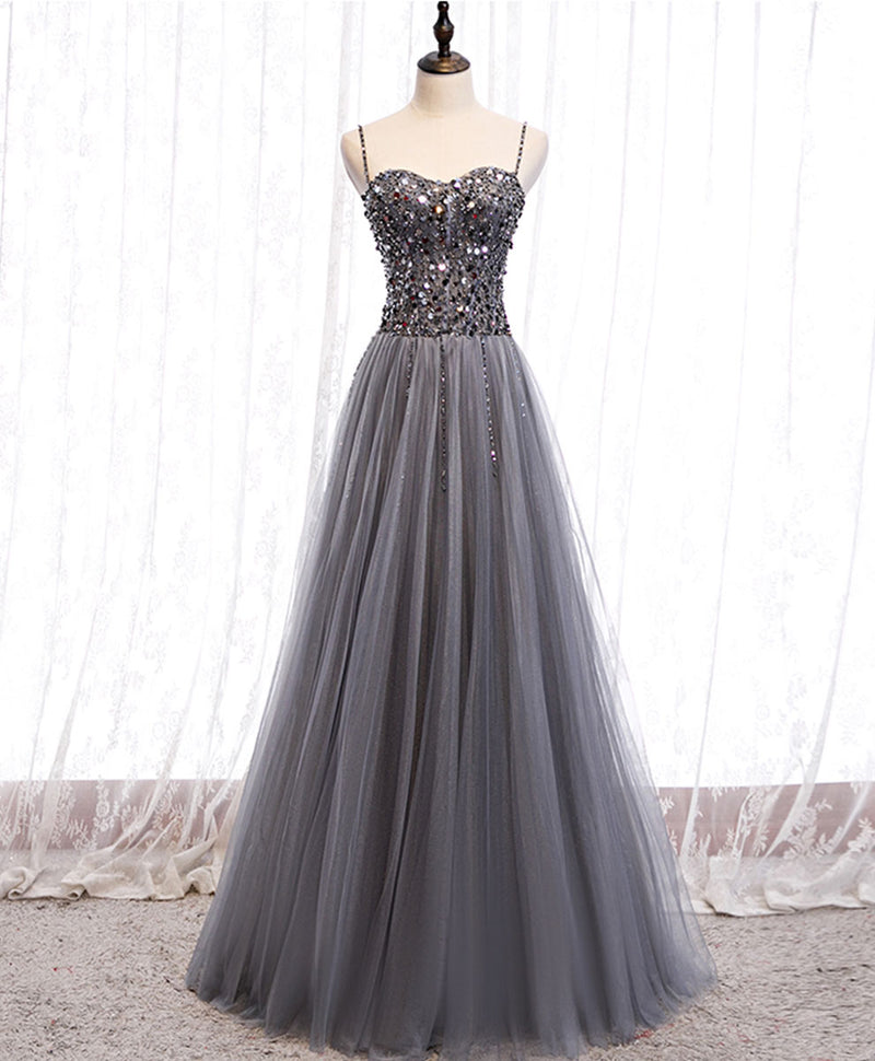 Gray Tulle Sequin Long Prom Dress, Gray Tulle Formal Dress with Beadin ...