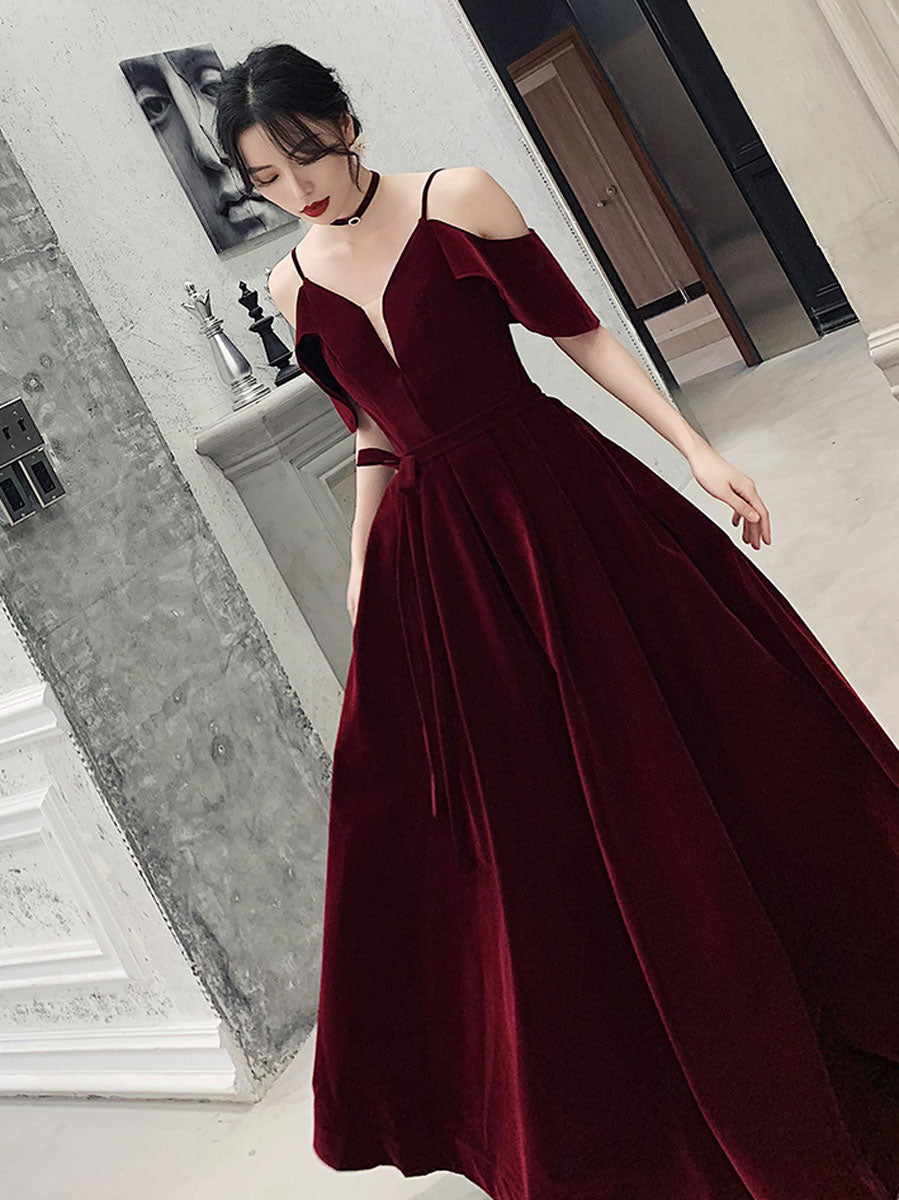 Cute Velvet Short A-Line Prom Dress, Burgundy Off the Shoulder Party D