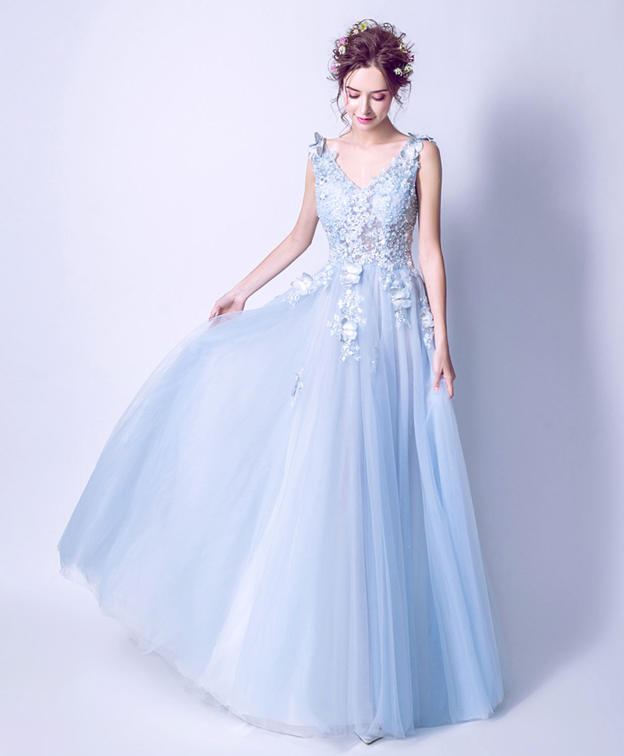 Blue V Neck Lace Tulle Long Prom Dress, Lace Evening Dress – shopluu