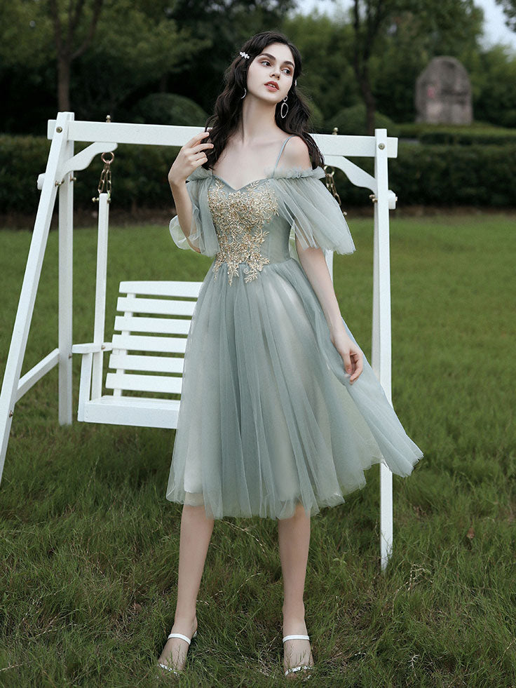 Gray Green Tulle Long Prom Dress, Lovely Off Shoulder A-Line Evening Dress US 4 / Gray Green