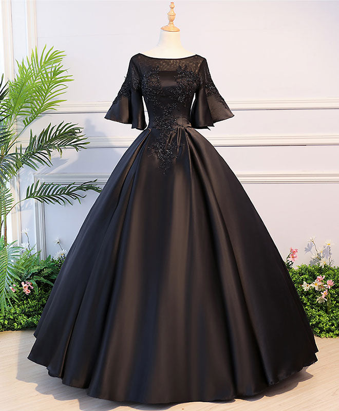 Black round neck satin lace long prom dress, sweet 16 dress