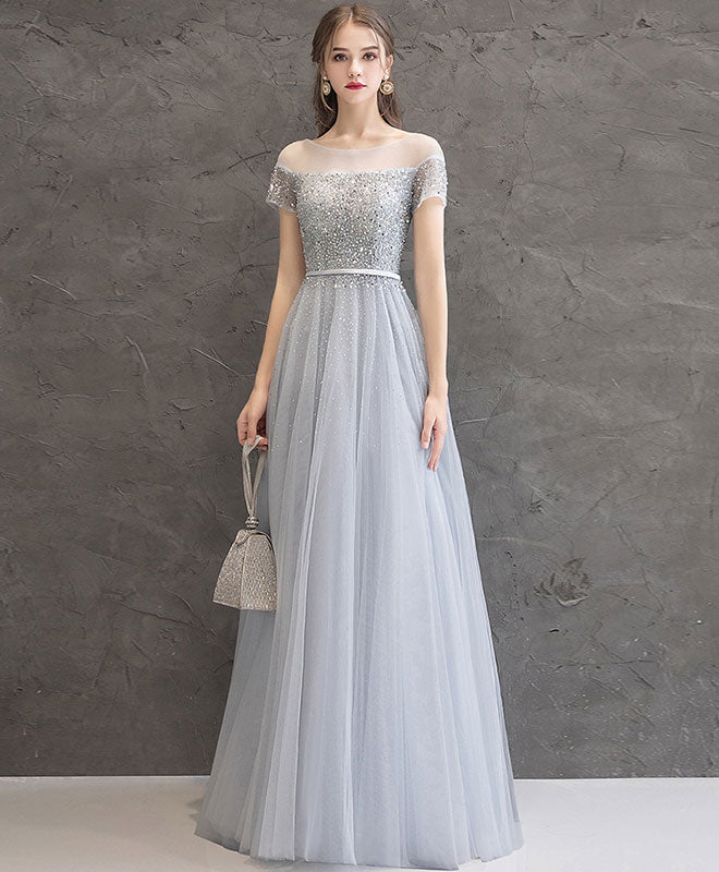 Gray Tulle Sequin Long Prom Dress, Gray Tulle Formal Dress – shopluu