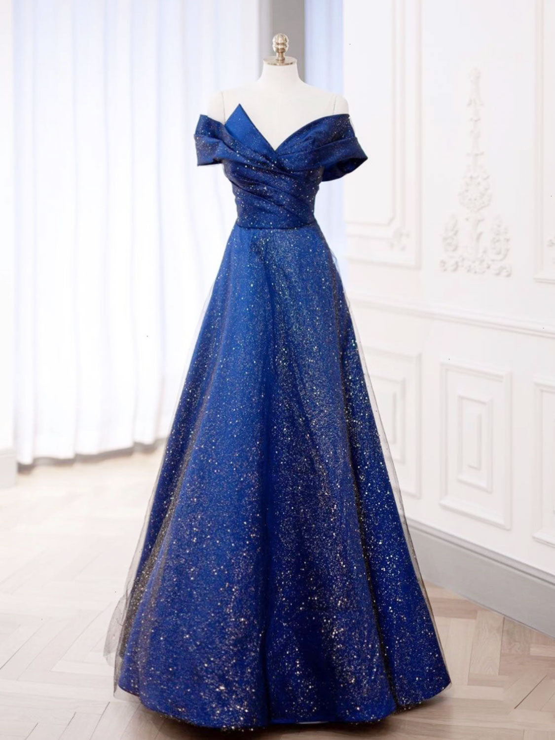 Simple blue chiffon long prom dress 