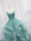 Green V Neck Tulle Long Prom Dress