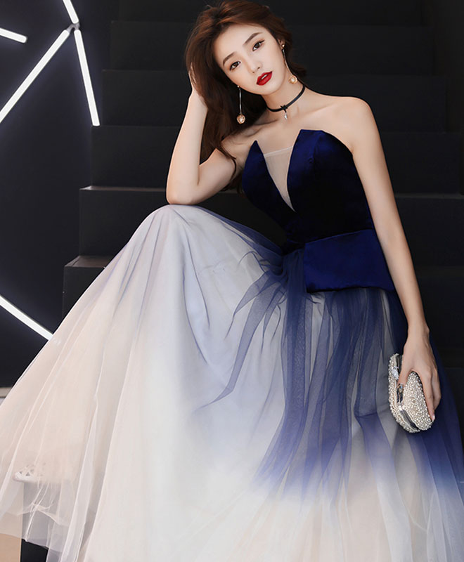 Unique tulle dark blue long prom dress, tulle evening dress – shopluu