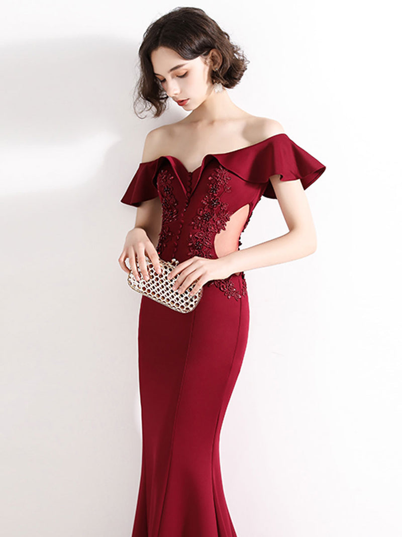 Burgundy Off Shoulder Satin Lace Long Prom Dress Burgundy Evening Dre Shopluu 6078