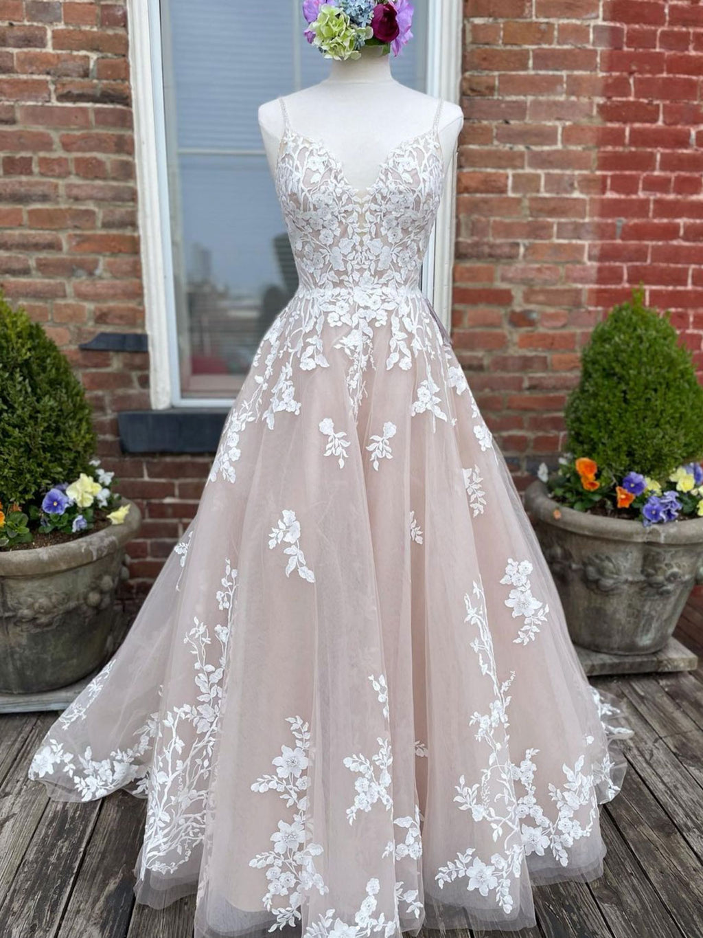 V Neck Champagne Tulle Lace Long Prom Dresses, Champagne Lace Formal  Evening Dresses