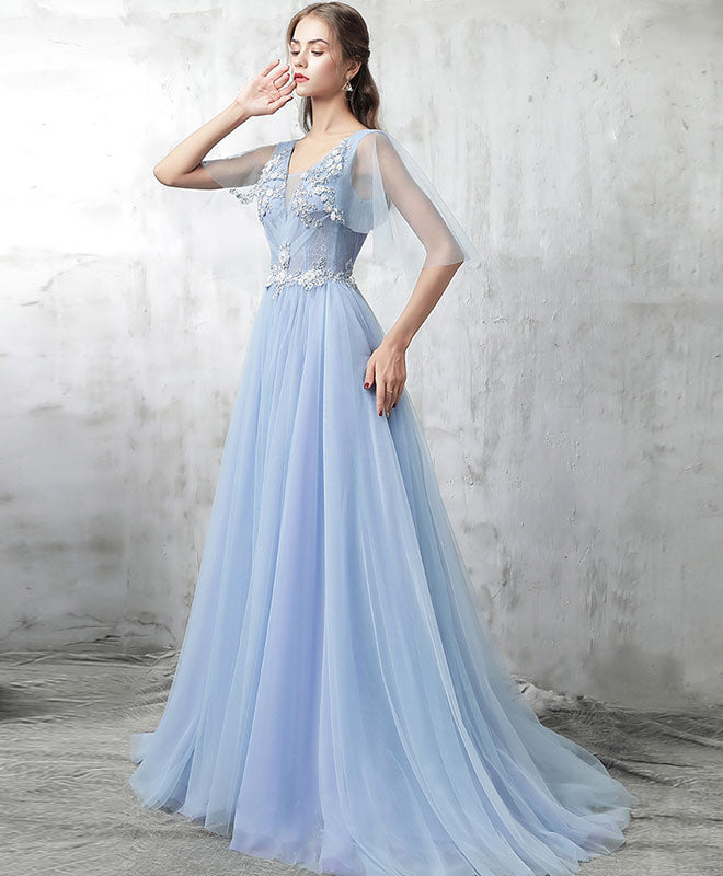 Blue V Neck Tulle Lace Applique Long Prom Dress, Blue Evening Dress ...