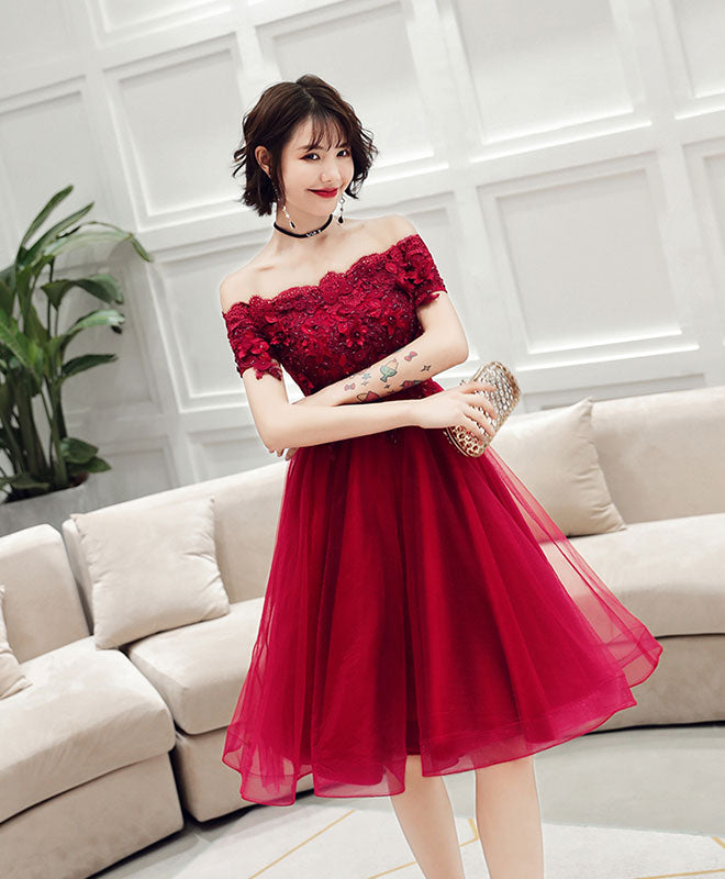 Burgundy Lace Off Shoulder Short Prom Dress, Lace Burgundy