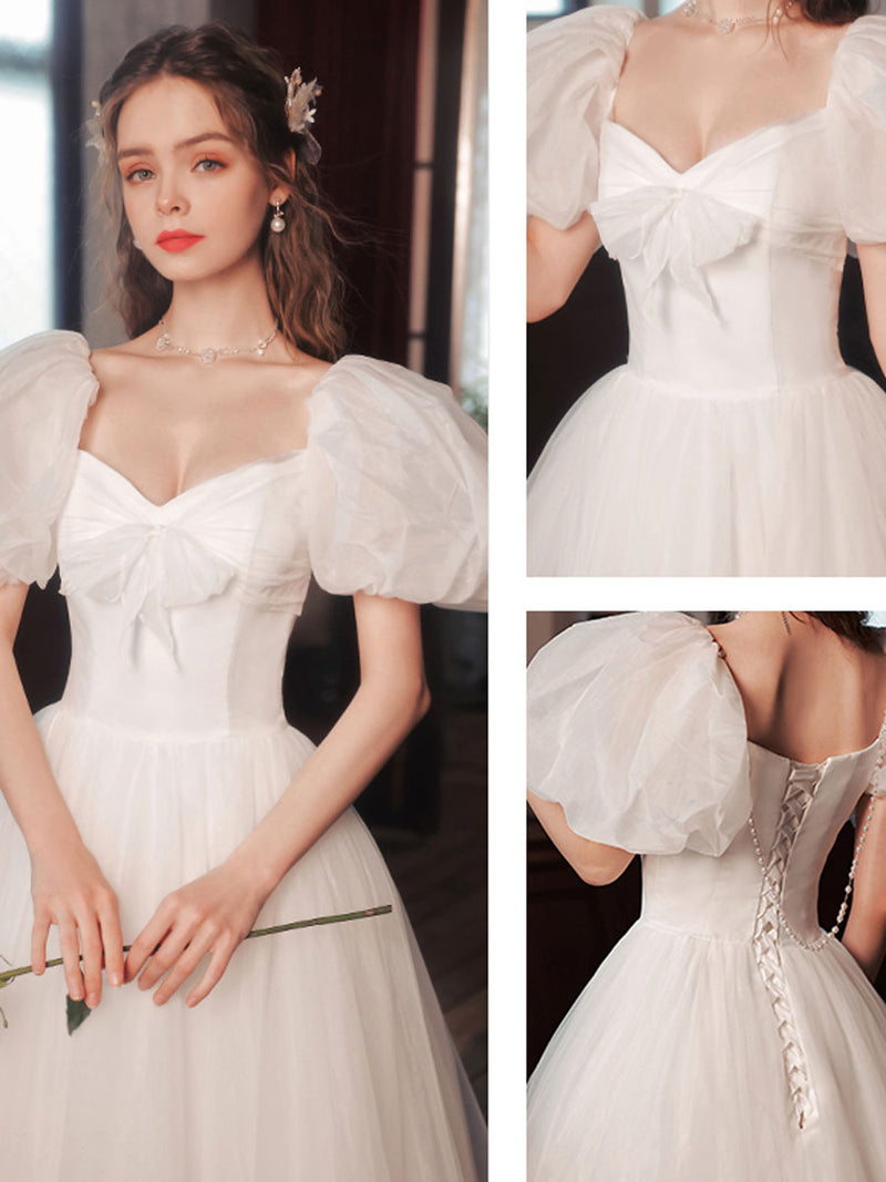 White Tulle Puffy Sleeves Long Prom Dress, White Tulle Sweet 16 Dresse –  shopluu