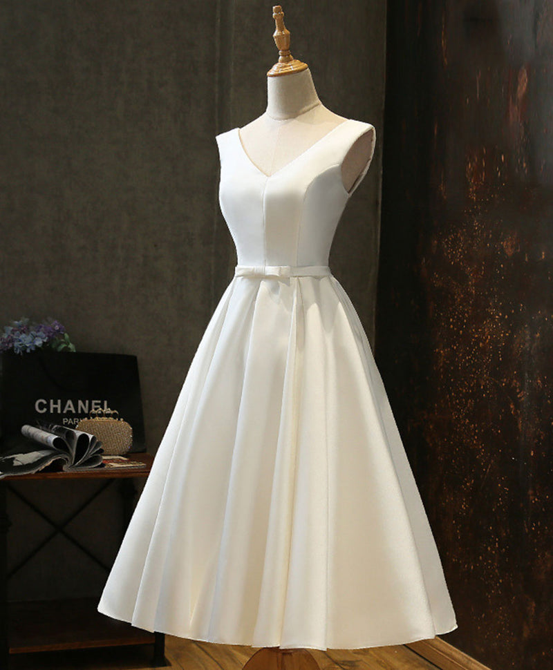 Simple v neck white short prom dress white homecoming dress – shopluu
