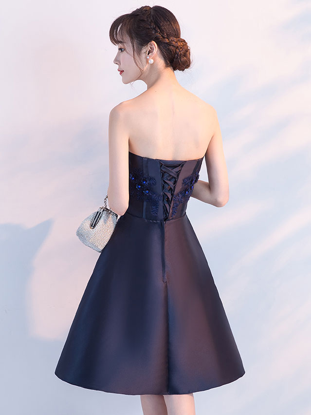 Aline Satin Lace Blue Short Prom Dress, Blue Homecoming Dress