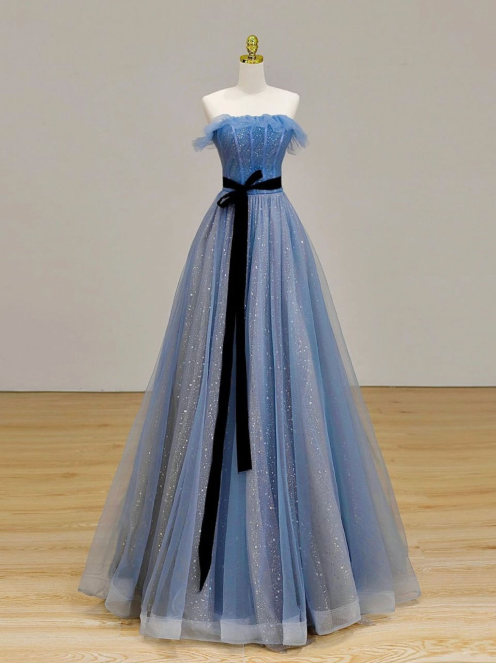 Dark Blue Tulle Long Prom Dress, A-Line Tulle Off Shoulder Blue Weddin –  shopluu