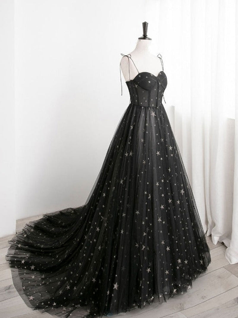 Black A line sweetheart neck tulle long prom dress, lace evening dress