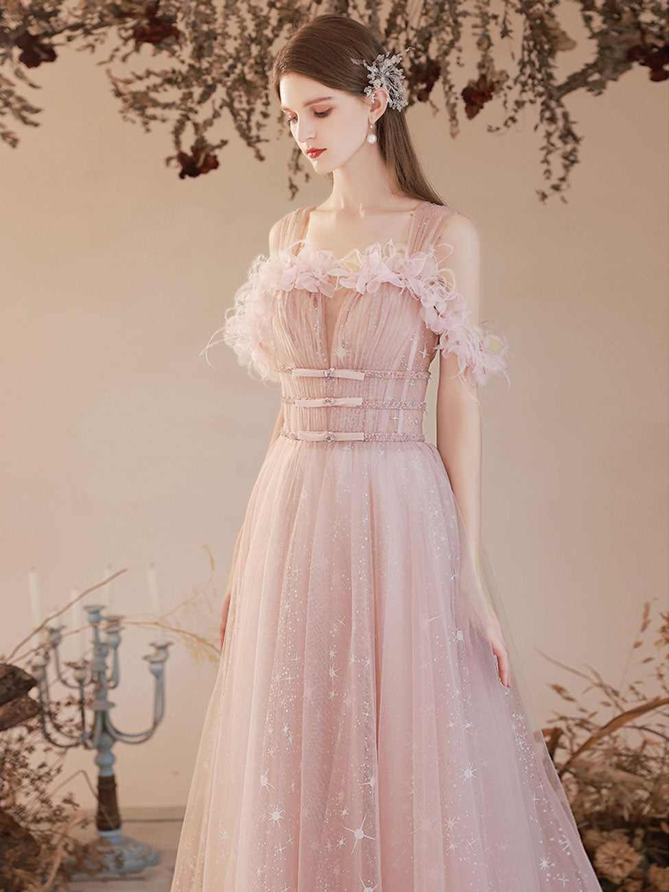 Pink Tulle Lace Off Shoulder Long Prom Dress Pink Tulle Evening Dress –  shopluu