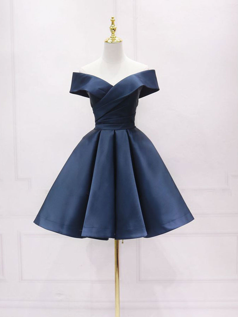 Simple Off Shoulder Satin Dark Blue Short Prom Dress, Blue Homecoming ...