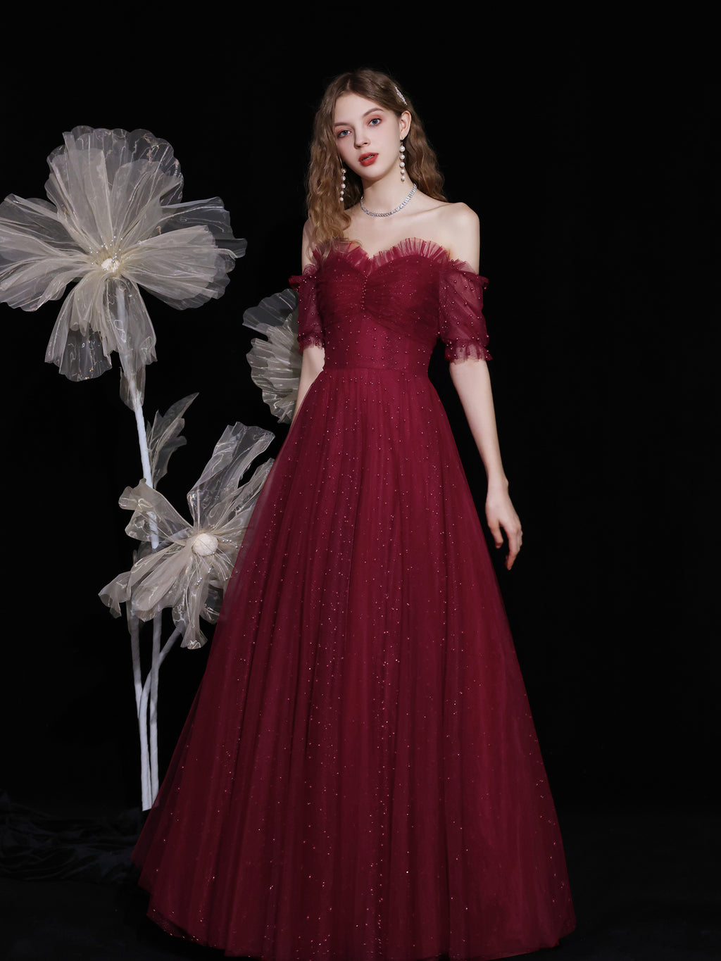 Burgundy Aline Long Tulle Party Dress With Corset Top - $119.9808 #MYS79039  