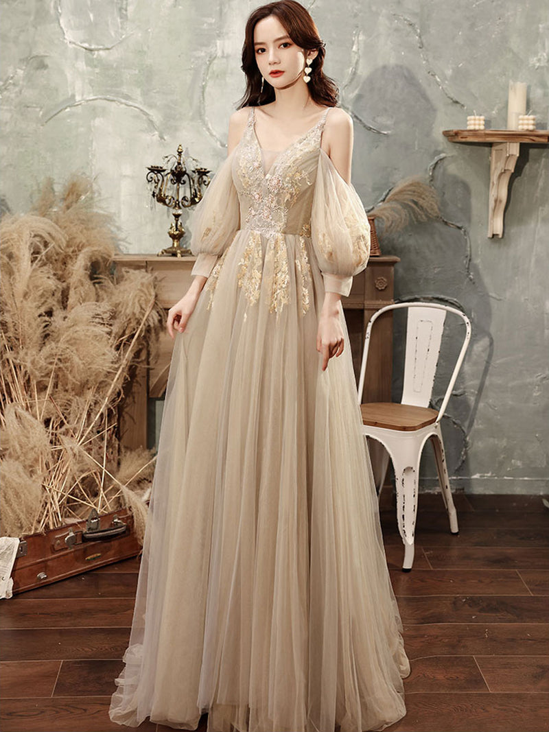 Champagne Tulle Lace Long Prom Dress, Champagne Formal Dresses