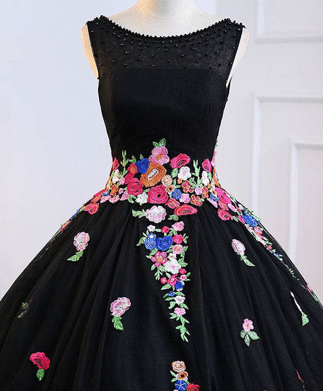 Unique Black High Neck Tulle Long Prom Dress, Black Evening Dress