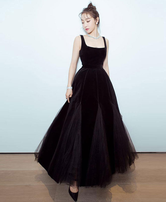 Black velvet  tulle tea length prom  dress  black evening  dress 
