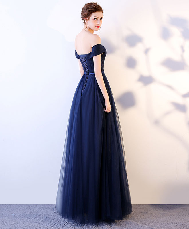 Dark blue long prom dress, blue tulle 