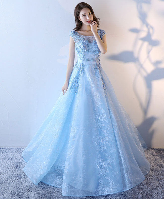 Sky Blue Lace Tulle Long Prom Dress, Blue Evening Dress – shopluu