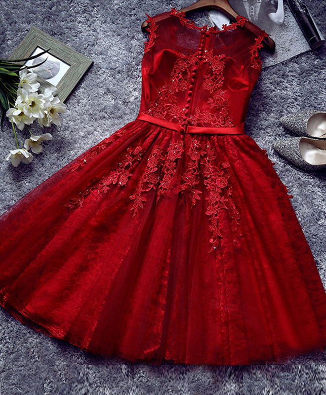 Burgundy Lace Off Shoulder Short Prom Dress, Lace Burgundy