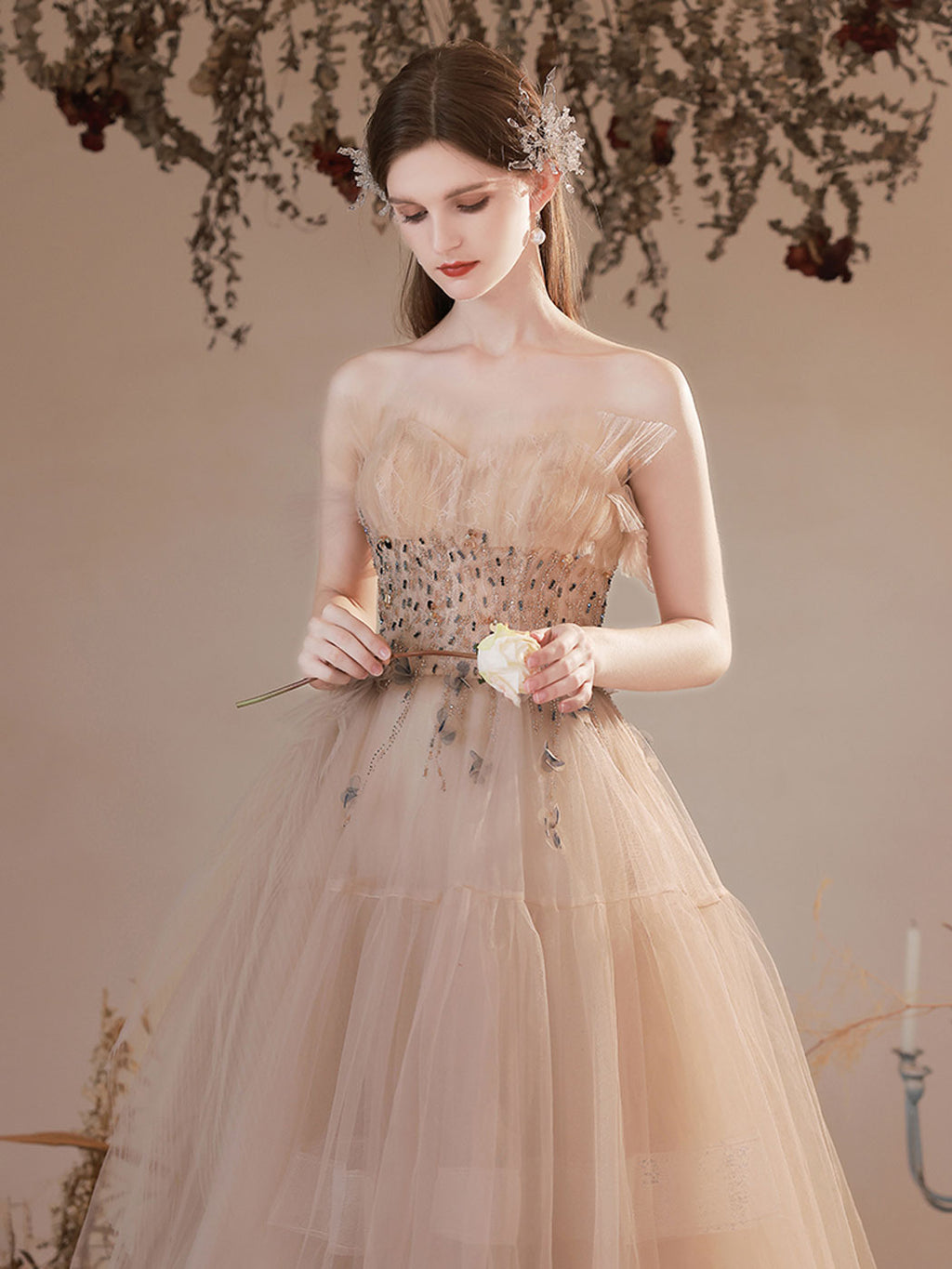 Champagne V Neck Tulle Lace Applique Long Prom Dress, Evening Dress –  shopluu